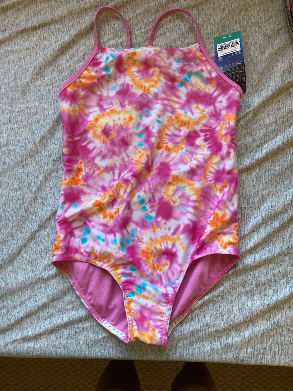 Speedo Pink Orange Teal Tie-Dye youth One-Piece Swimsuit
